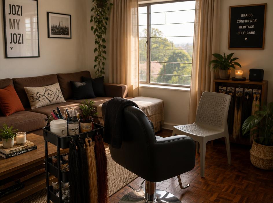 Cozy Johannesburg living room set up for a professional braiding appointment