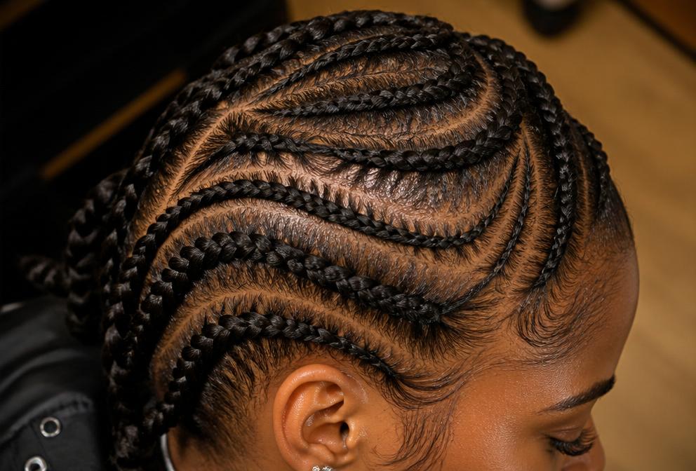 Detailed cornrow braided patterns